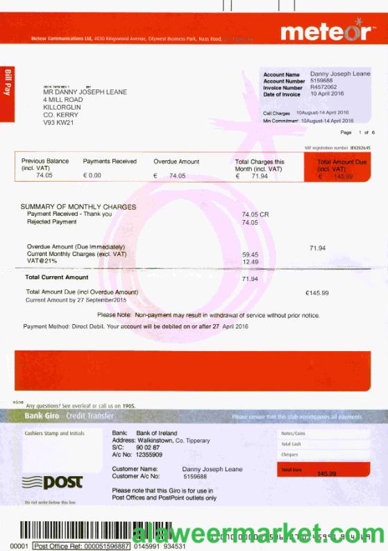 Ireland Meteor utility bill template fully editable in PSD format